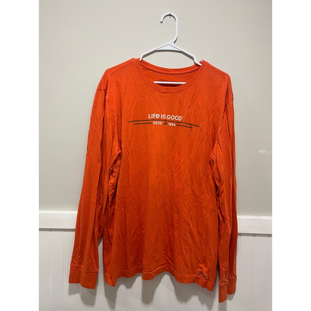 Life is Good Crusher Long Sleeve T-Shirt Outdoor Orange Camping Men Sz Large